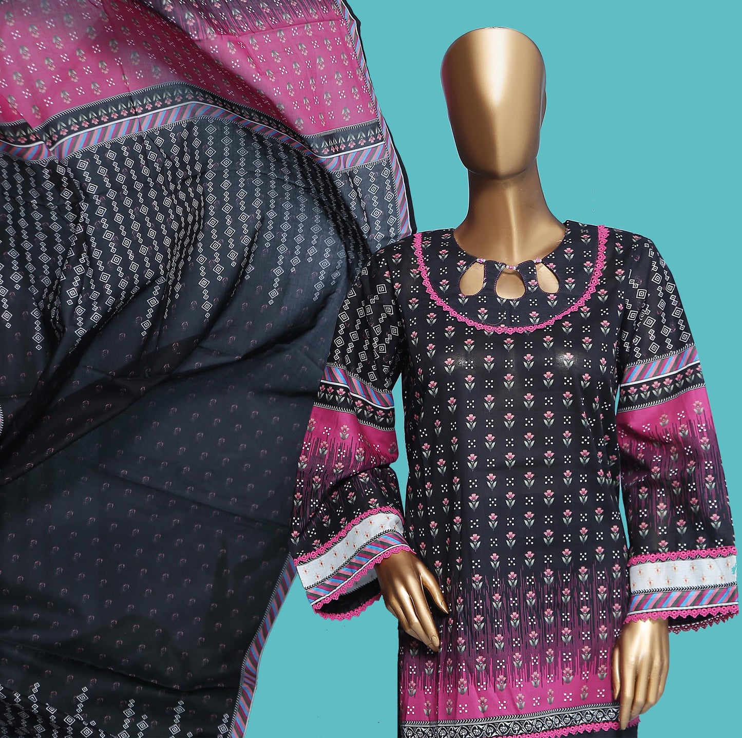 Woman Printed Cambric Stitch Shirt (kurti) with Dupatta & Printed Trouser