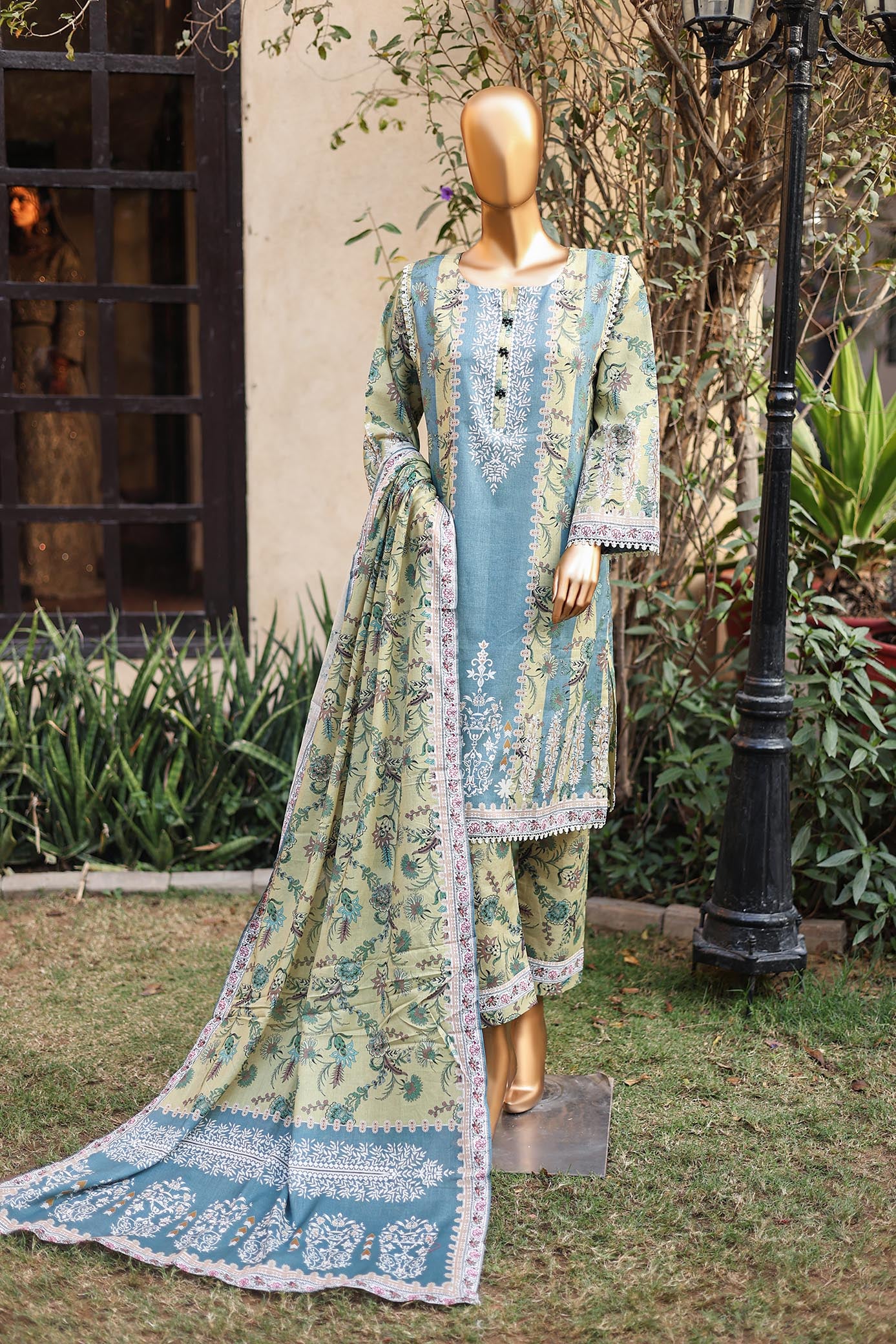 Girl woman  Printed Embroidered Lawn Stitch Shirt Kurti Frock Cotton Dupatta Printed Trouser