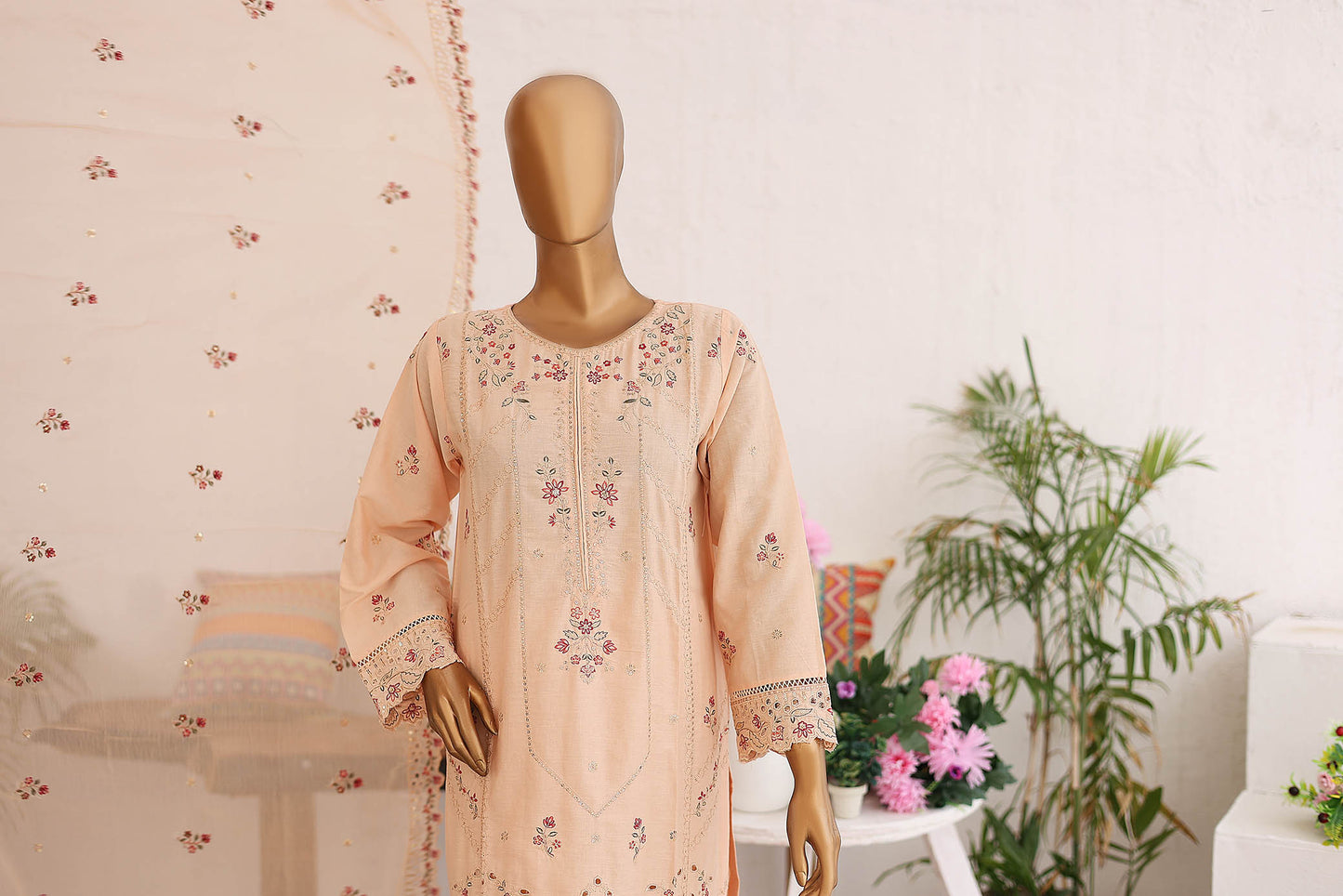 Woman Stitched cotton cutwork Embroidered Printed lawn Shirt kurta Dyed Trouser Pant