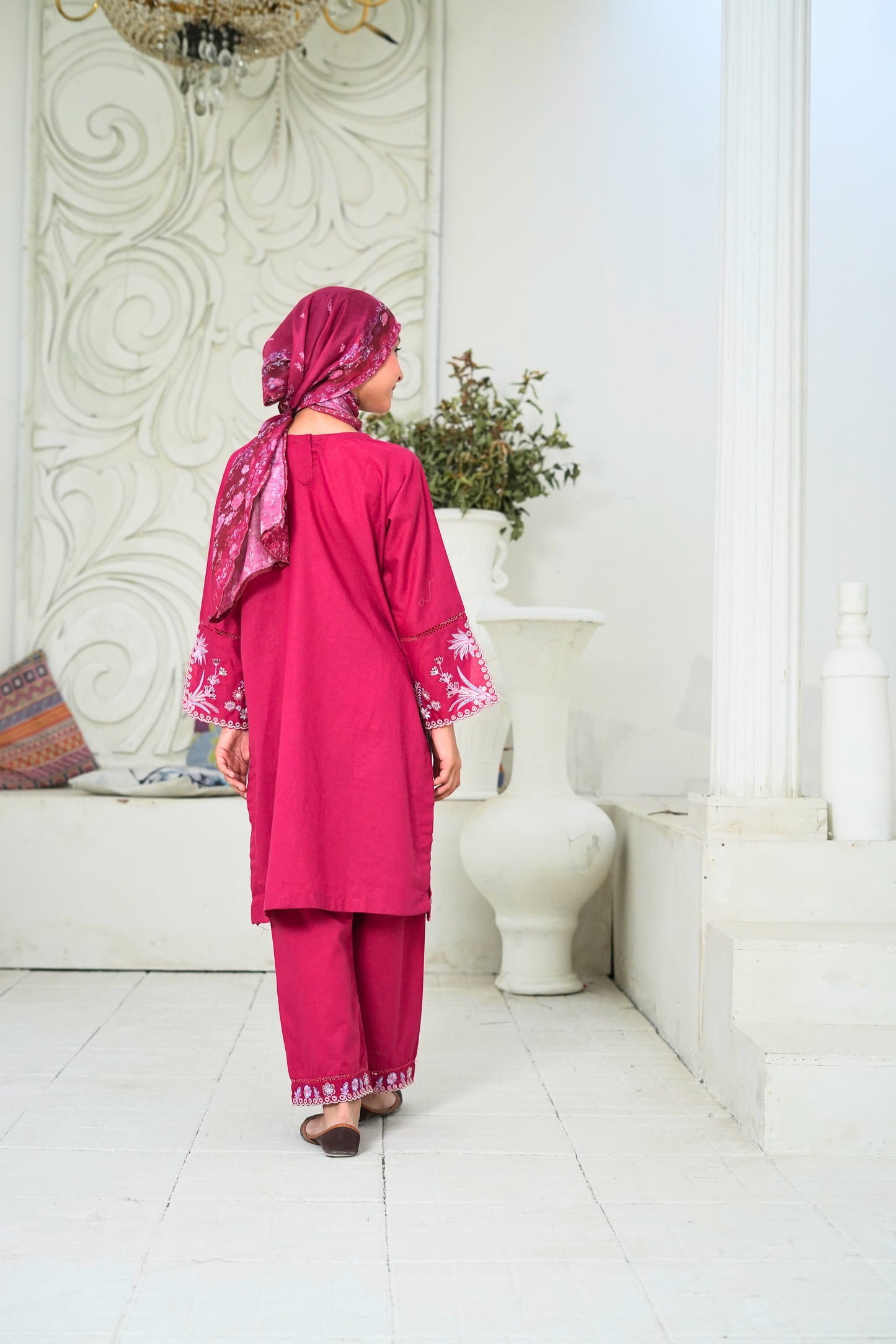 Dyed Embroidered Shirt with Embellishment, Cotton Trouser & Swiss Dupatta