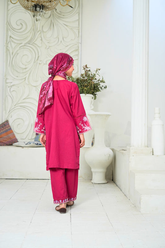 Dyed Embroidered Shirt with Embellishment, Cotton Trouser & Swiss Dupatta