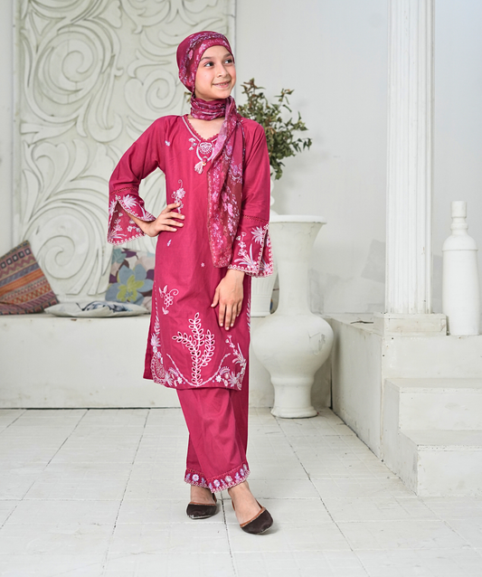 Magenta Blossom 3-Piece Girls Lawn Embroidered Suit
