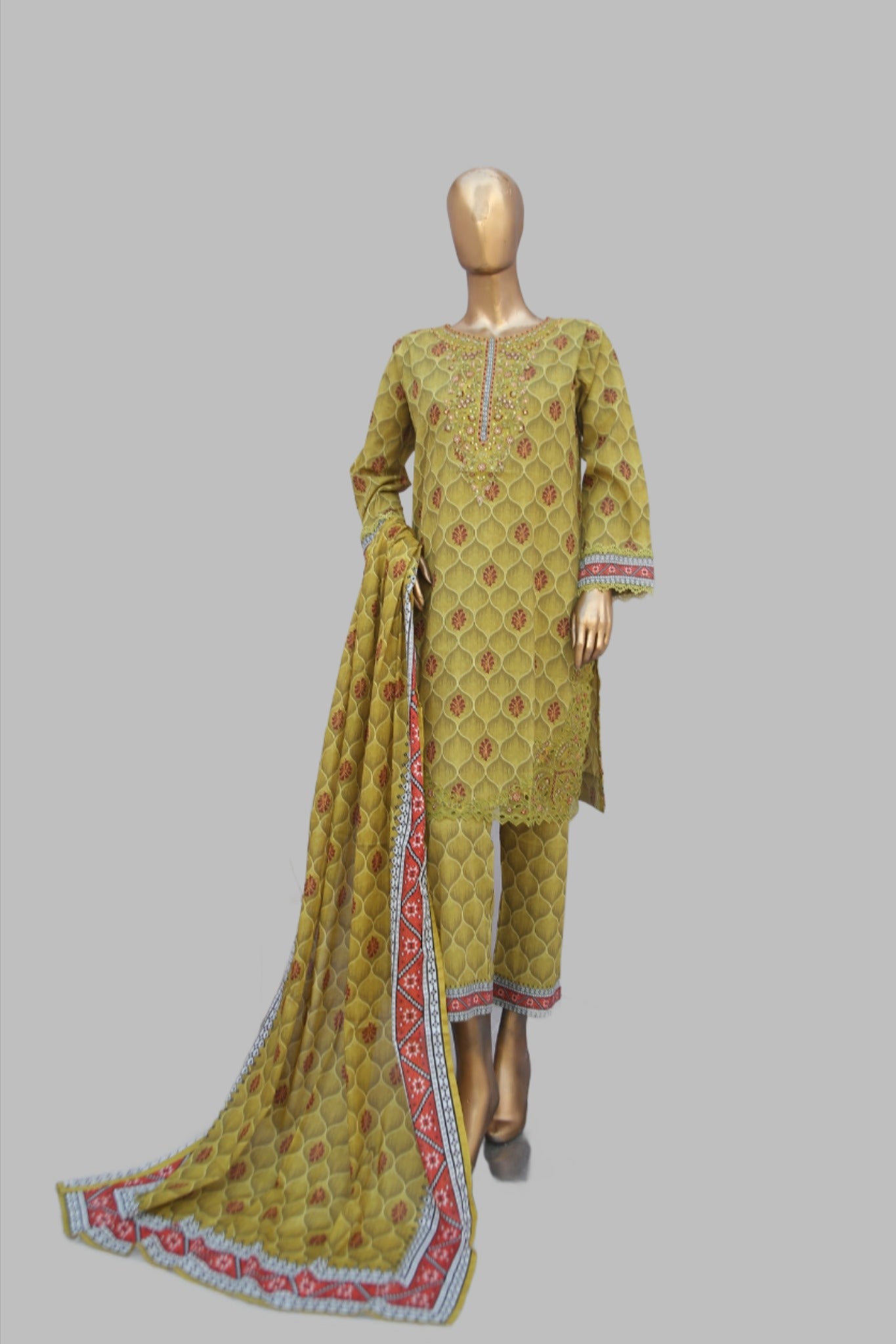 Girl woman  Printed Embroidered Lawn Stitch Shirt Kurti Frock Cotton Dupatta Printed Trouser