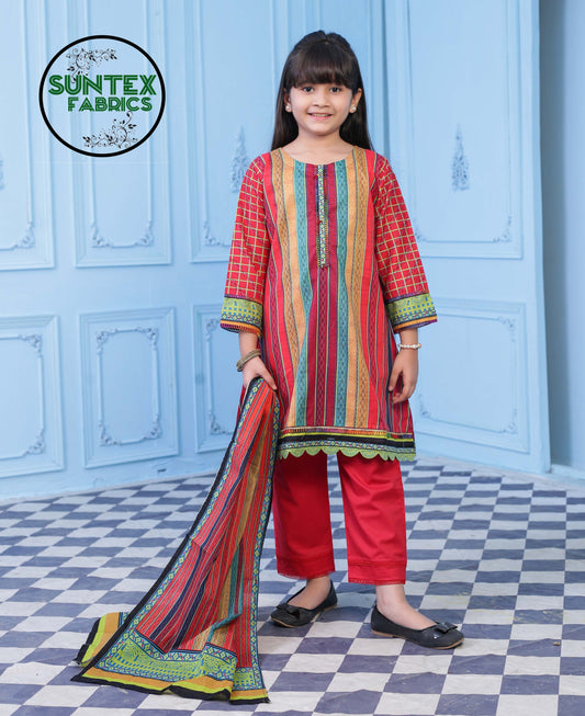  Girl Printed Lawn Stitch  Frock Shirt (Kurti) with Dupatta & Trouser