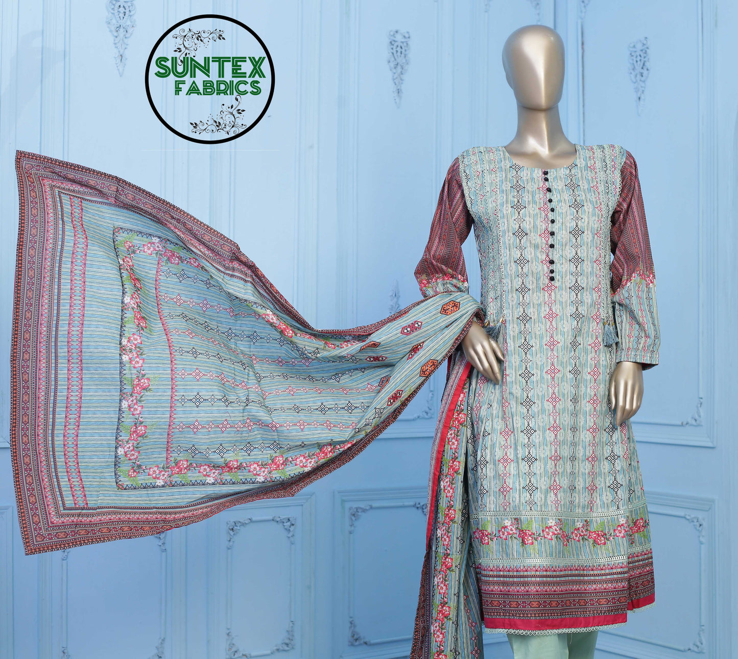 Woman Printed Lawn Stitch  Frock Shirt (Kurti) with Dupatta & Trouser