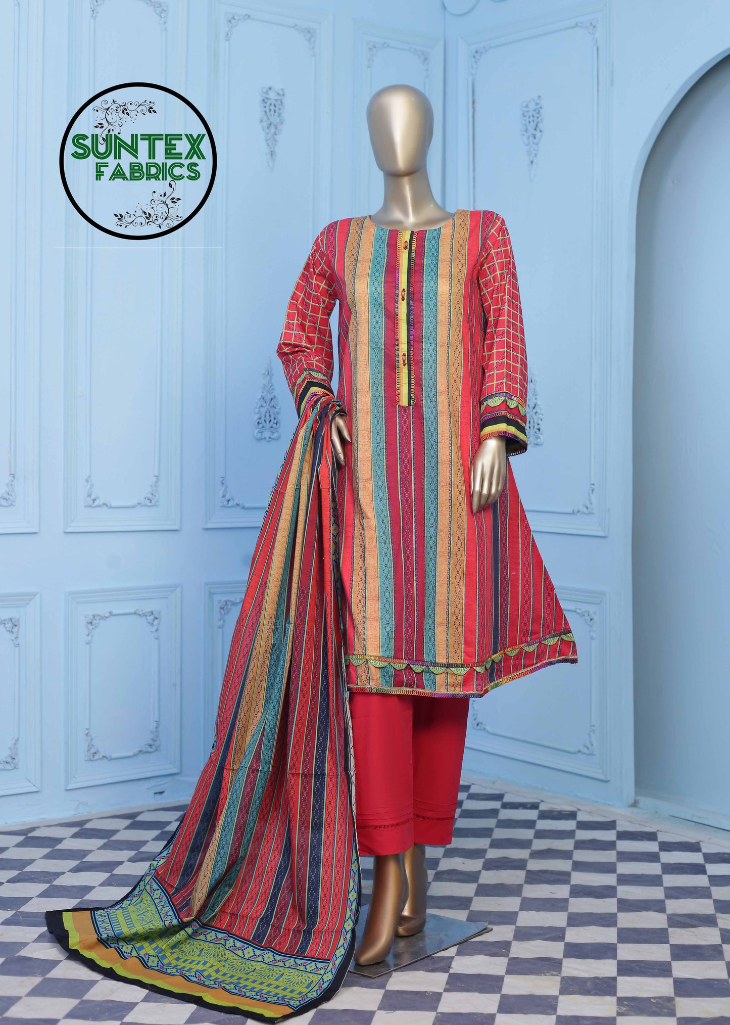 Woman Printed Lawn Stitch  Frock Shirt (Kurti) with Dupatta & Trouser