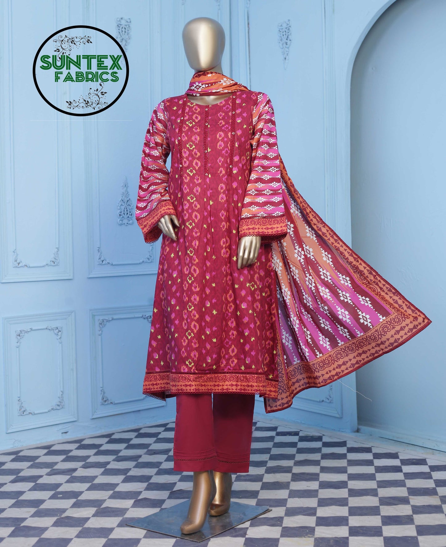 Woman Printed Lawn Stitch  Frock Shirt (Kurti) with Dupatta & Trouser