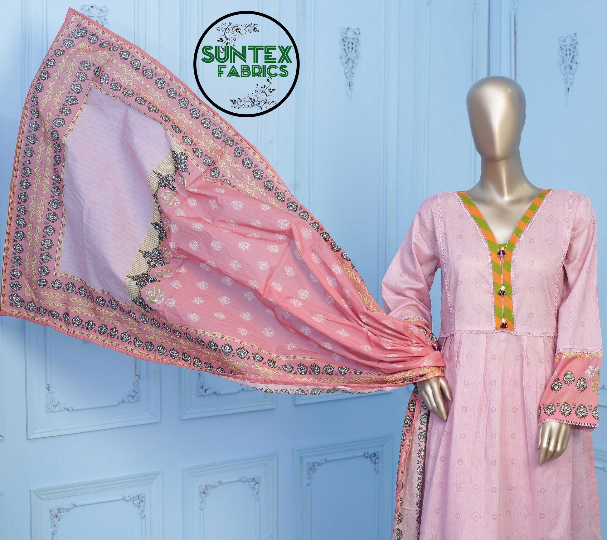 03 Pc Printed Lawn Frock Suit with Dupatta &  Trouser