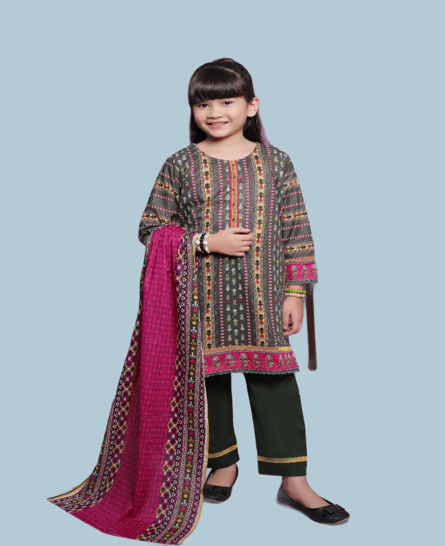 Girl Printed Lawn Stitch Shirt Frock (Kurti) with Dupatta & Trouser