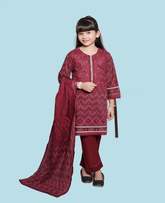 Girl Printed Lawn Stitch Shirt Frock (Kurti) with Dupatta & Trouser