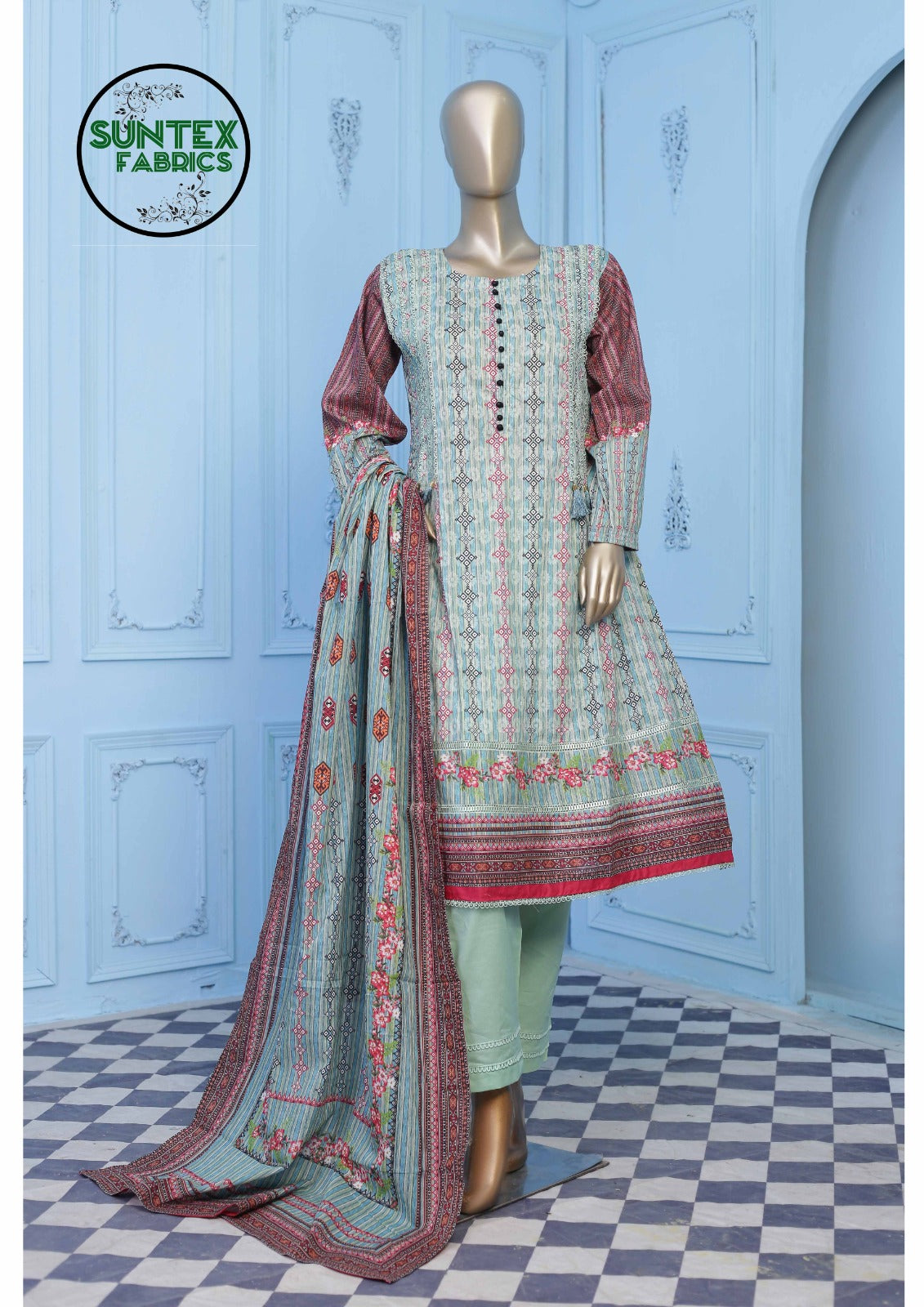 Woman Printed Lawn Stitch  Frock Shirt (Kurti) with Dupatta & Trouser