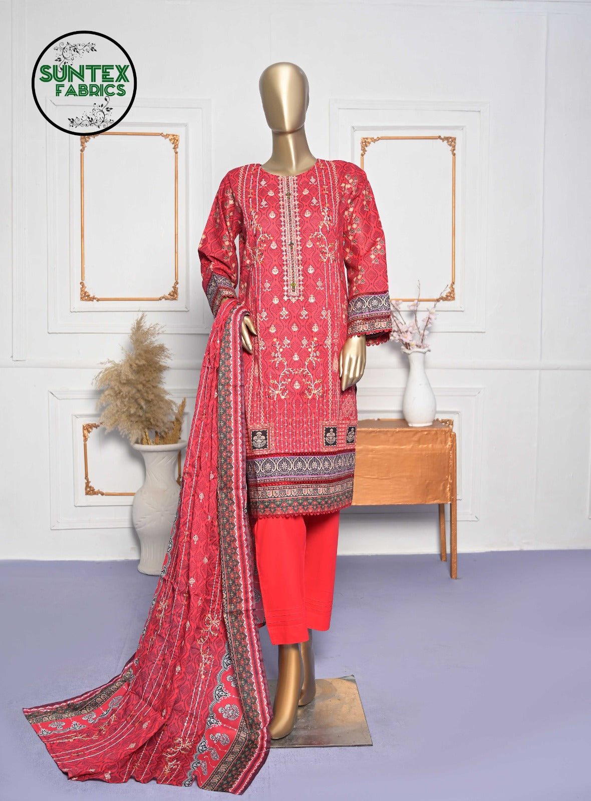 Woman Printed Embroidered Lawn Stitch Shirt (Kurti) with Dupatta & Trouser