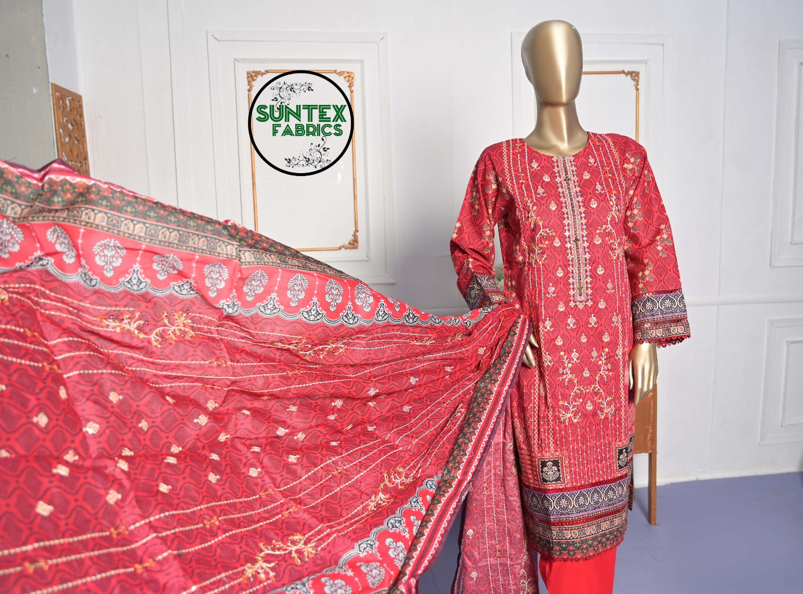 Woman Printed Embroidered Lawn Stitch Shirt (Kurti) with Dupatta & Trouser