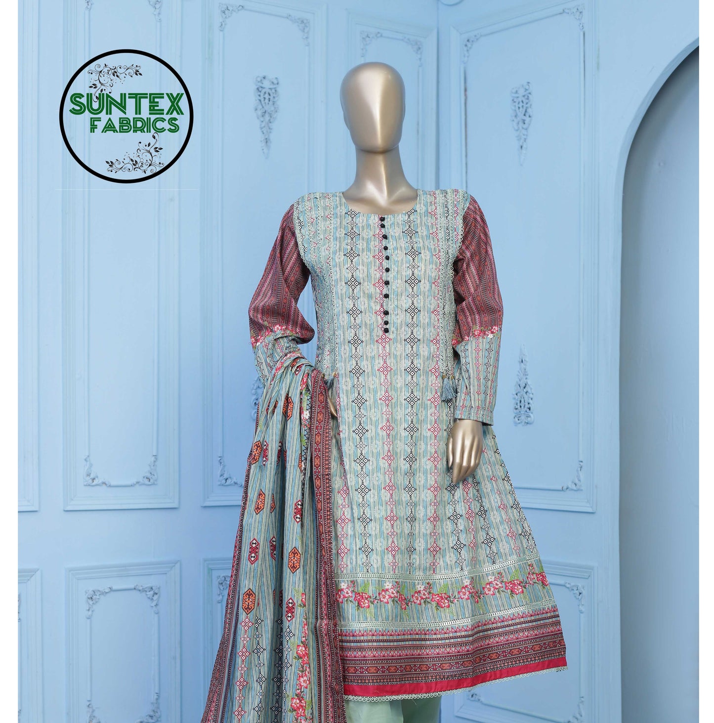 Woman Printed Lawn Stitch  Frock Shirt (Kurti) with Dupatta & Trouser