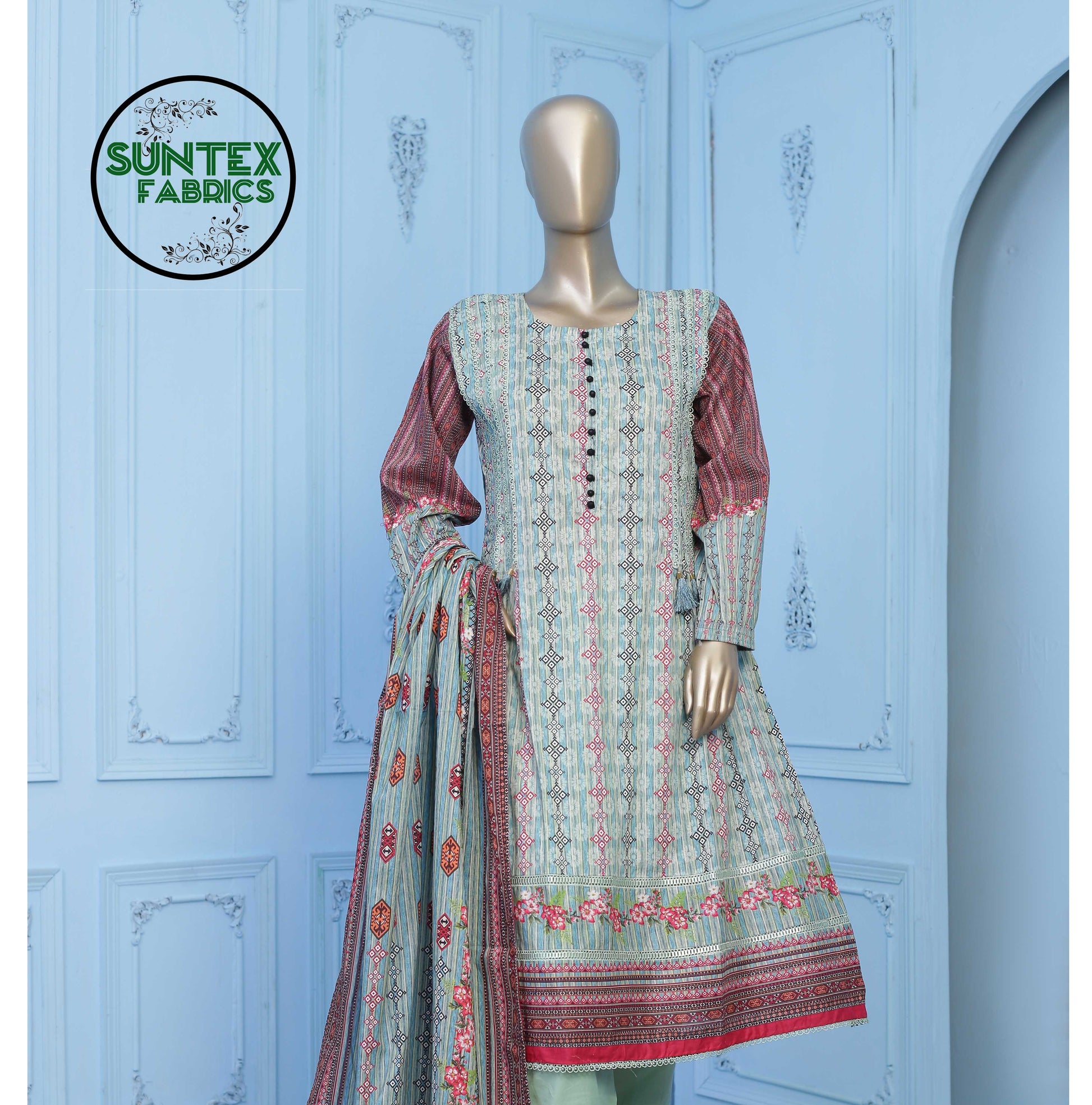 Woman Printed Lawn Stitch  Frock Shirt (Kurti) with Dupatta & Trouser